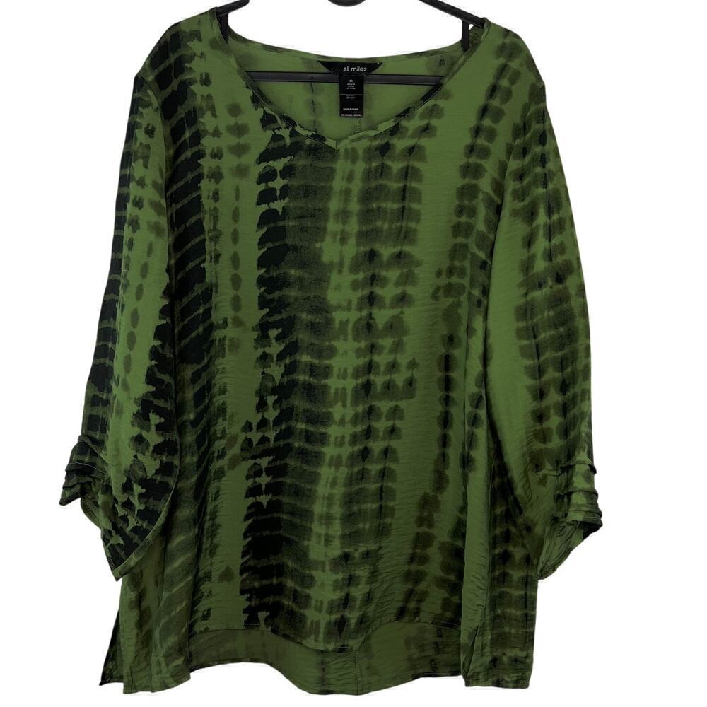 Ali Miles Green Black Tie Dye Blouse Women's Medium Button Back Lagenlook Boho